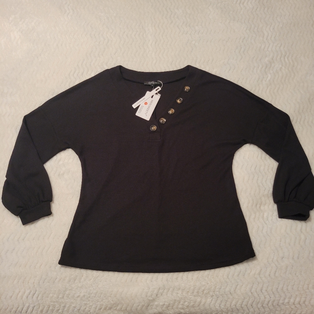 MEROKEETY - V-Neck Long Sleeve Waffle Knit Shirt - Black - Large - NEW
